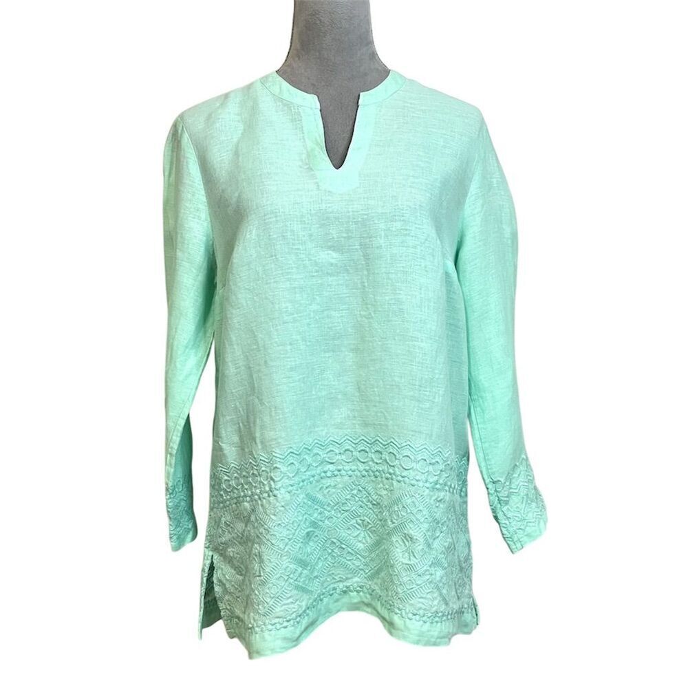 Talbots Women's Blue 100% Linen Tunic Blouse M Split Neck Top Vacation Coastal